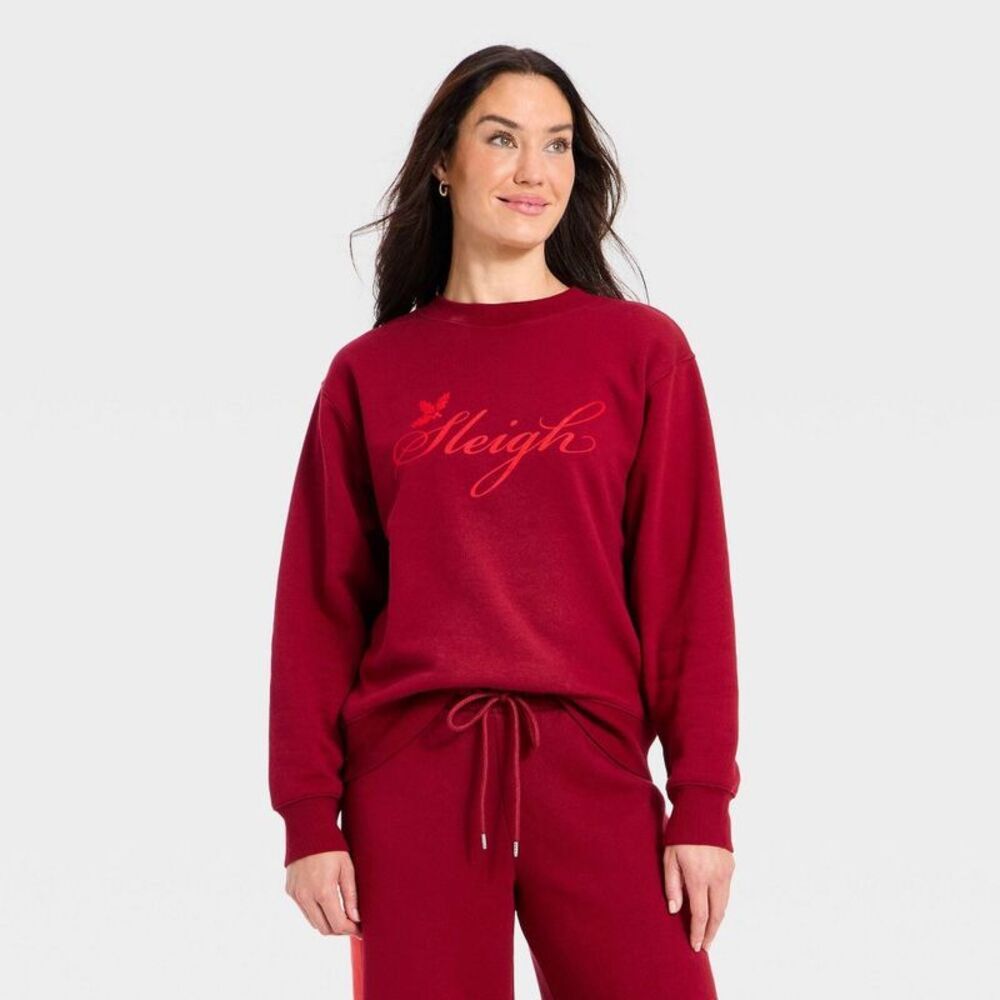 Women's Holiday Knit Graphic Pullover Sweatshirt - Universal Thread Maroon S